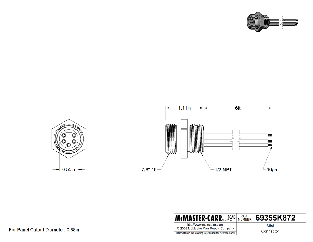 Technical Drawing of Mini Connector, Panel-Mount Male Receptacle, 5 Poles, 6' Long Wire Leads.